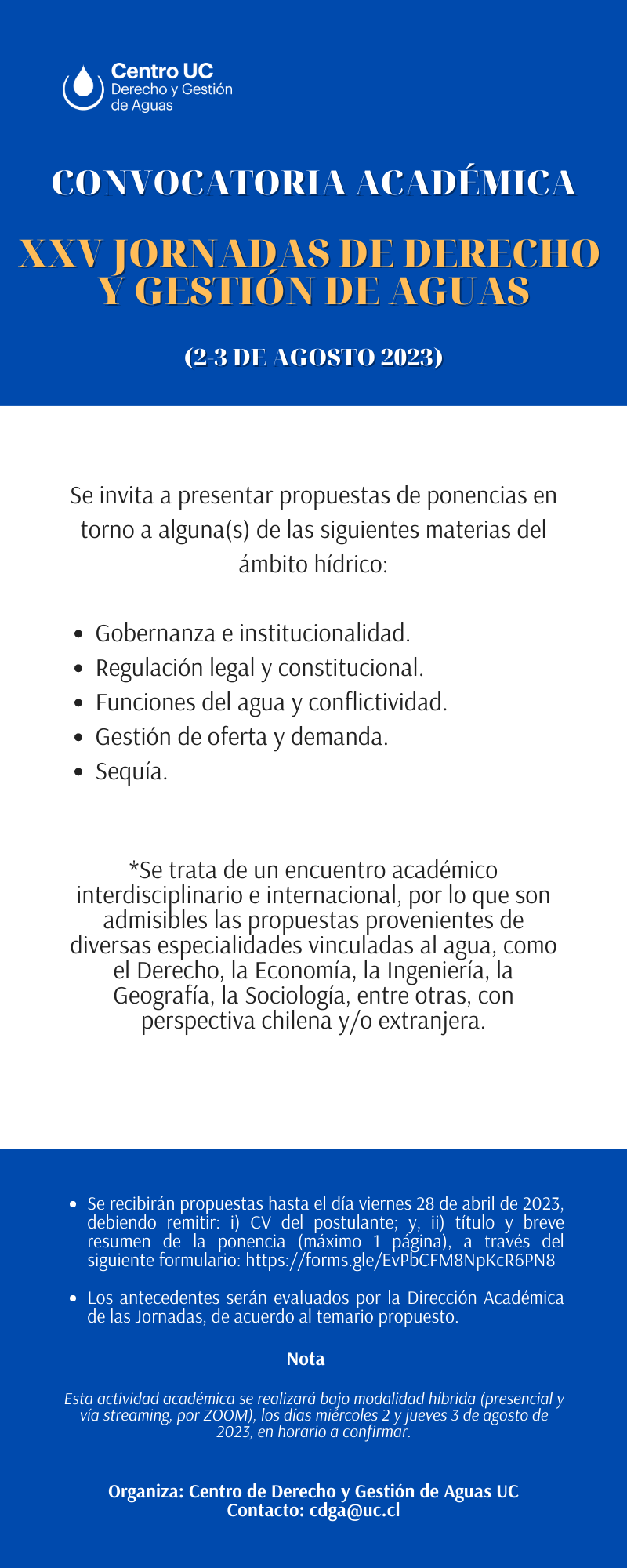¡Convocatoria académica para las XXV Jornadas de Derecho y Gestión de Aguas UC 2023!