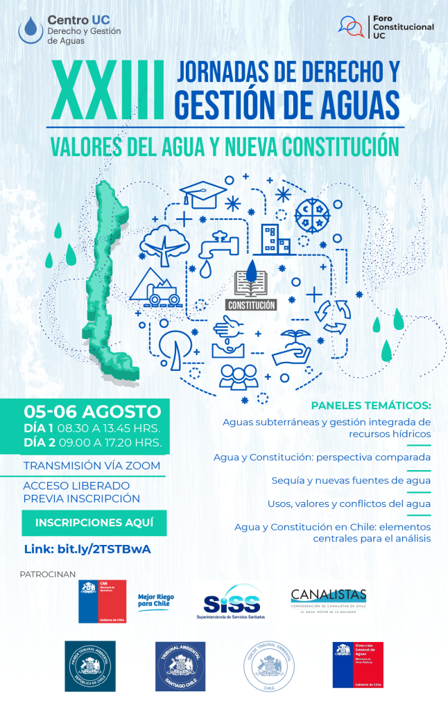 Afiche promocional de las Jornadas de Derecho y Gestión de Aguas 2021 con información de paneles, colaboradores, fechas y  horarios. Co-organizado con el Foro Constitucional UC.