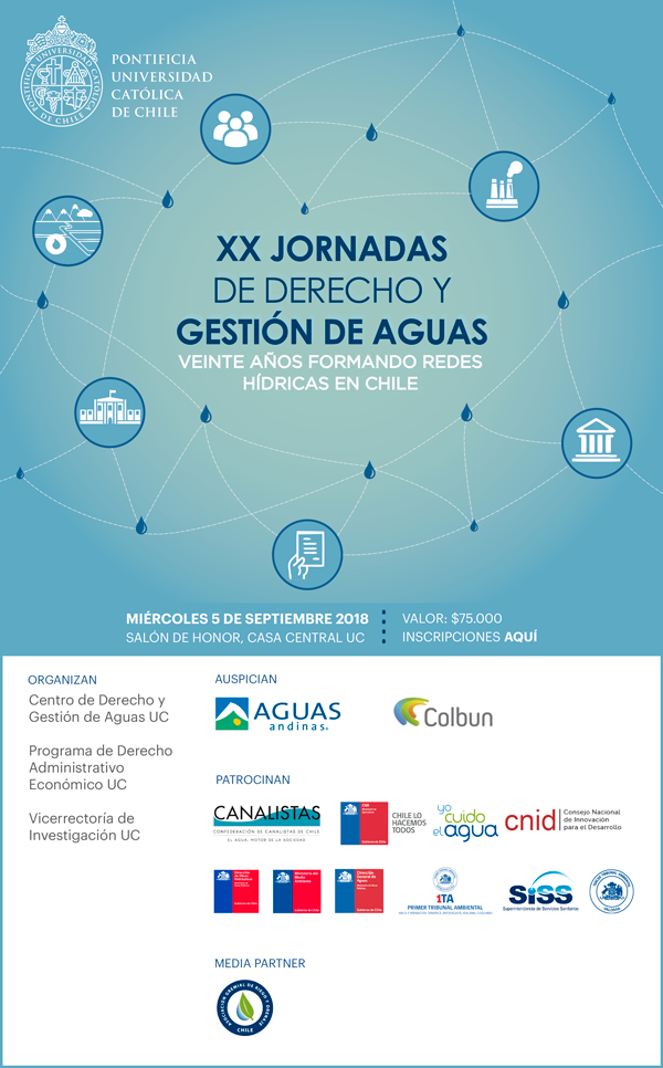 Afiche promocional de las Jornadas de Derecho y Gestión de Aguas 2018 que contiene información sobre fecha, hora, colaboradores