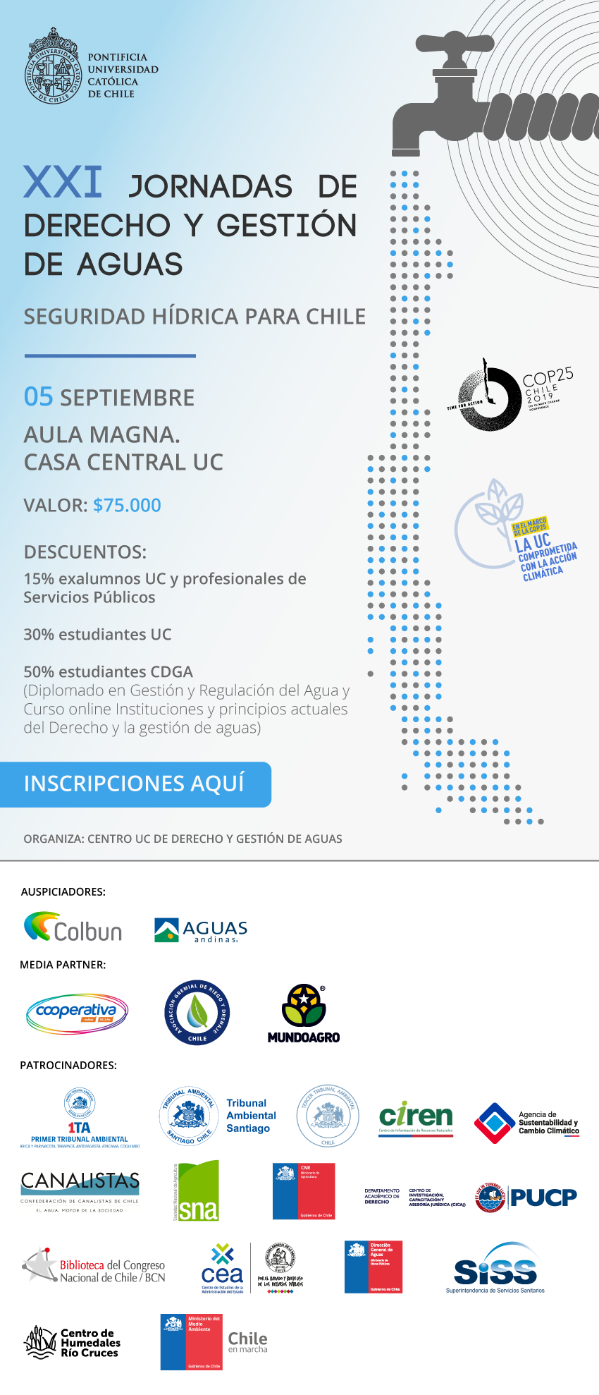 Afiche promocional de las Jornadas de Derecho y Gestión de Aguas 2019 en que se detalla el valor, descuentos aplicables, lugar, colaboradores.