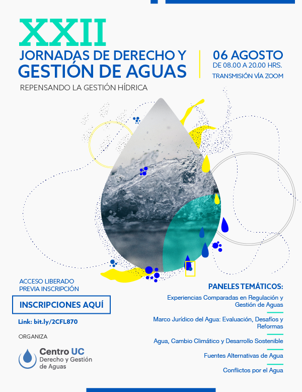 Afiche promocional de las Jornadas de Derecho y Gestión de Aguas 2020 que incluye el detalle de los paneles temáticos, link de inscripción e información de transmisión en vivo.
