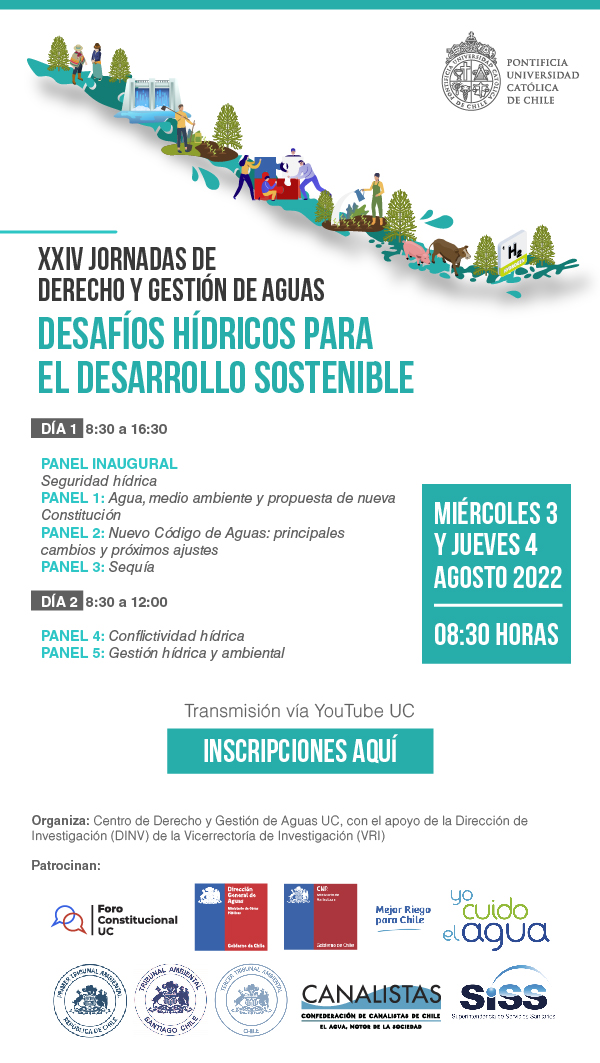 Afiche promocional de las Jornadas de Derecho y Gestión de Aguas 2022 en que se mencionan los paneles temáticos, los días y demás información relevante.