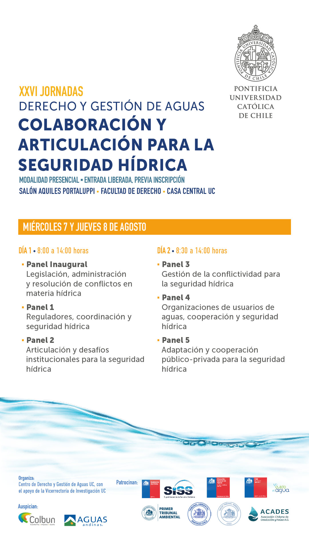 Afiche promocional de las Jornadas de Derecho y Gestión de Aguas 2024 con sus respectivos paneles temáticos, los horarios, colaboradores.