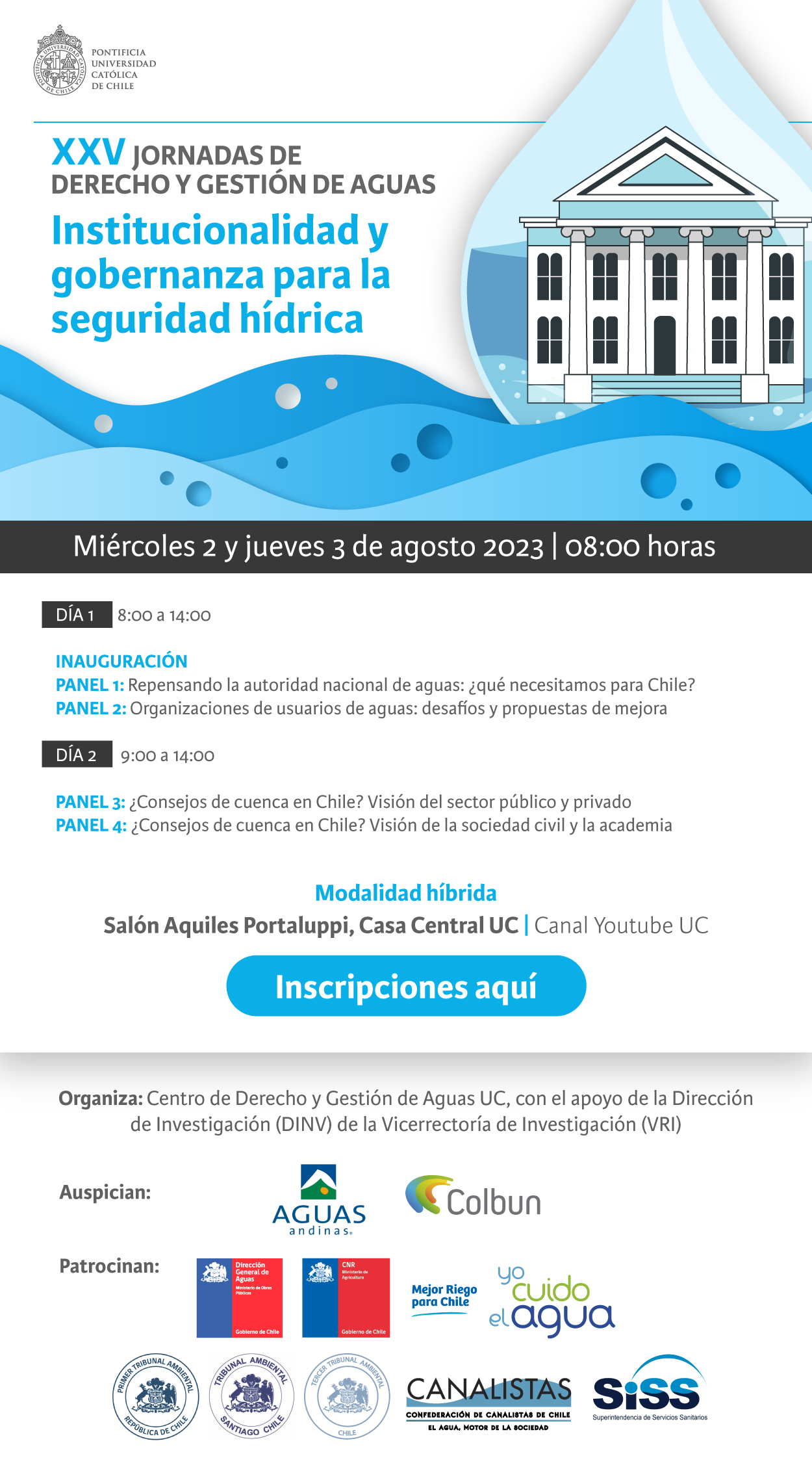 Afiche promocional de las Jornadas de Derecho y Gestión de Aguas 2023, que se realiza en modalidad hídrica, incluye paneles, horarios, lugar, colaboradores.